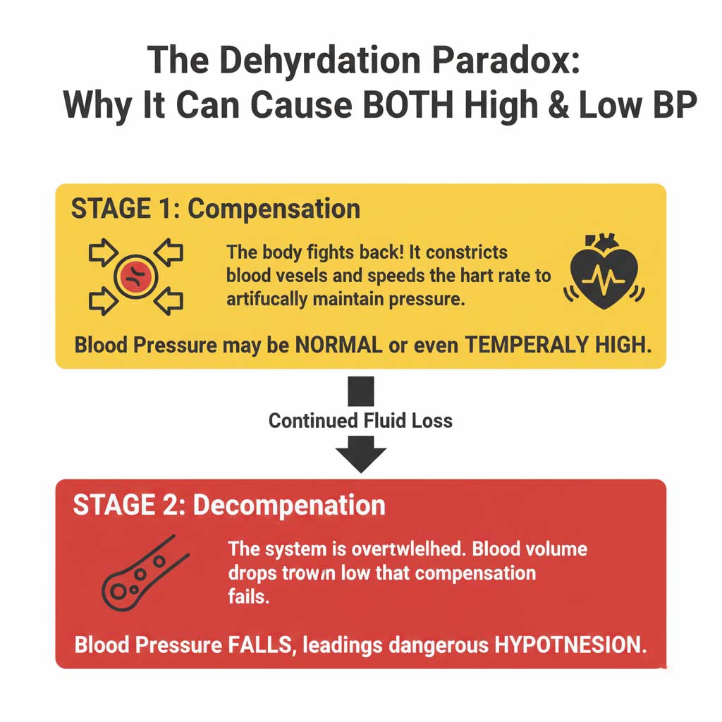 The Dehydration Paradox: High vs. Low Blood Pressure