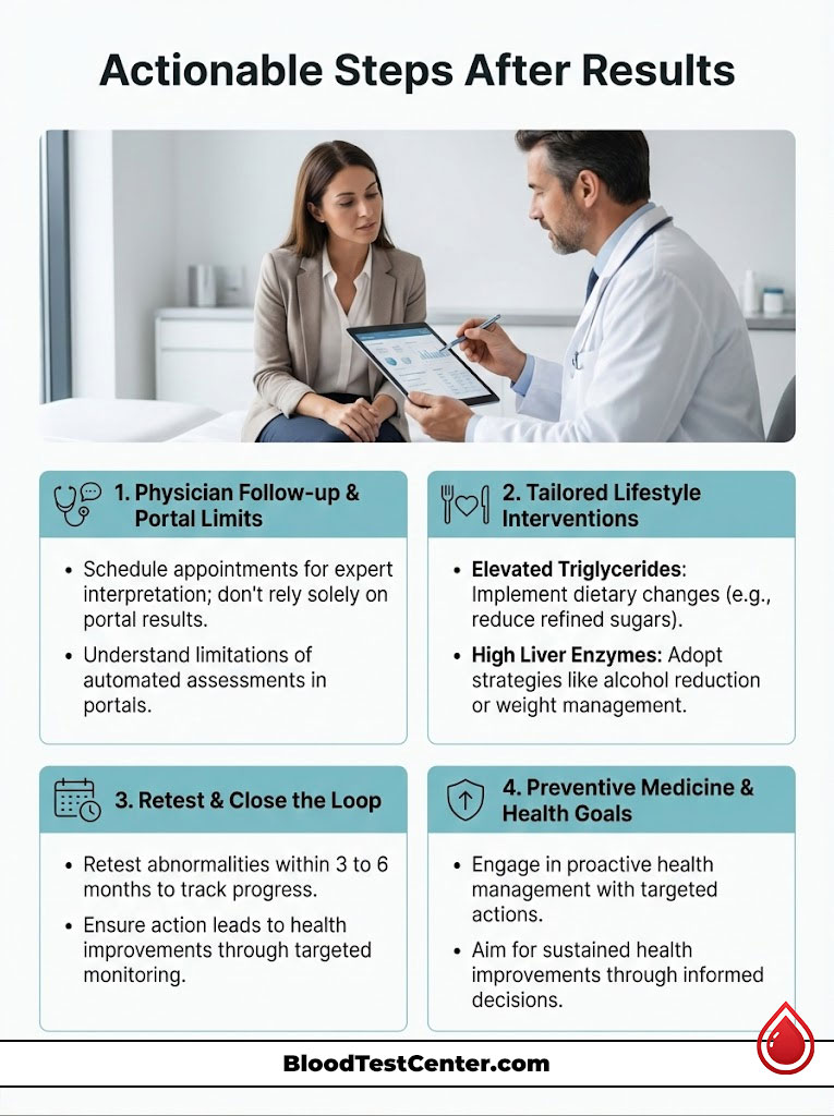 A doctor and patient discuss actionable steps after test results, featuring four key recommendations in boxes.