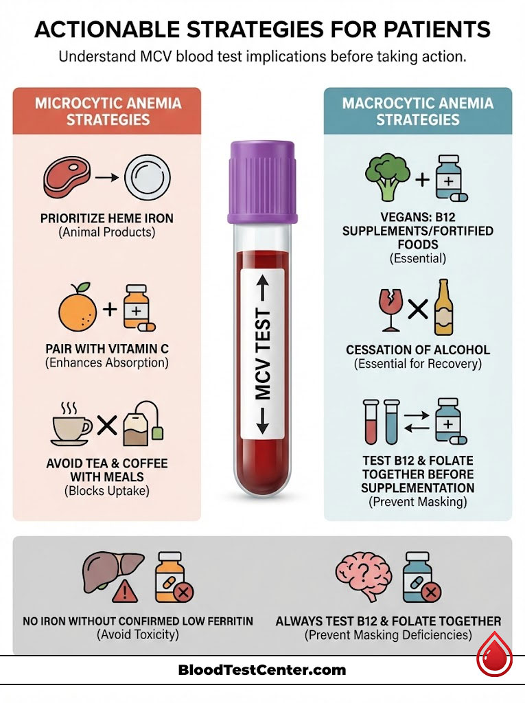 Infographic showing strategies for microcytic and macrocytic anemia with blood test implications and dietary advice.