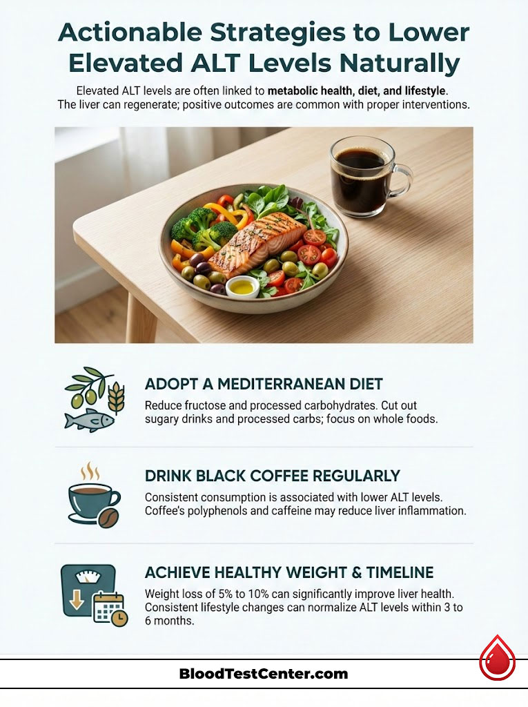 Infographic showing strategies to lower elevated ALT levels with a healthy meal and coffee on a table.
