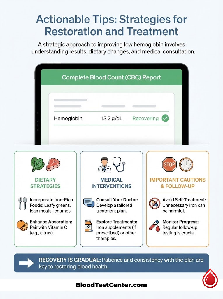 Infographic detailing strategies for improving low hemoglobin with dietary tips and medical interventions.