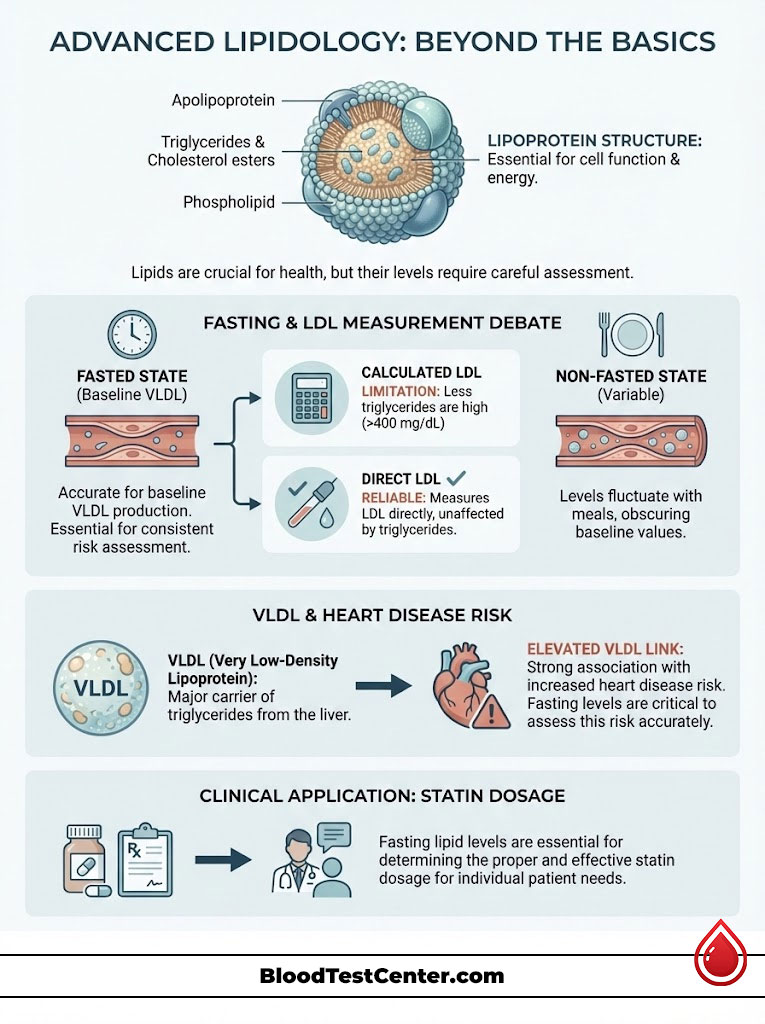 Infographic explaining advanced lipidology, including LDL measurement, VLDL risk, and statin dosage guidelines.