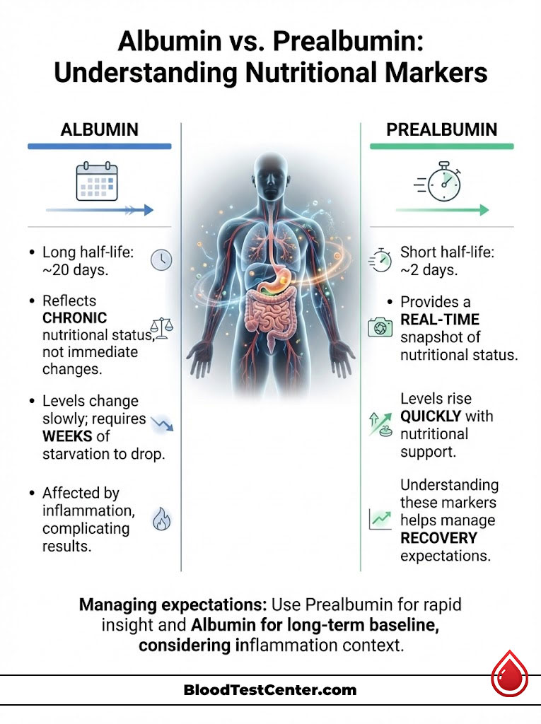 Infographic comparing Albumin and Prealbumin, highlighting their characteristics and roles in nutritional status.