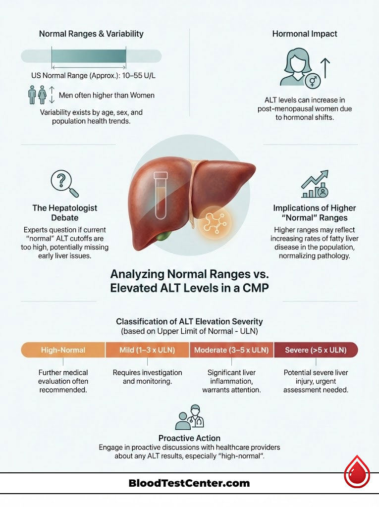 Infographic analyzing normal ranges and elevated ALT levels, featuring charts, liver icon, and health recommendations.
