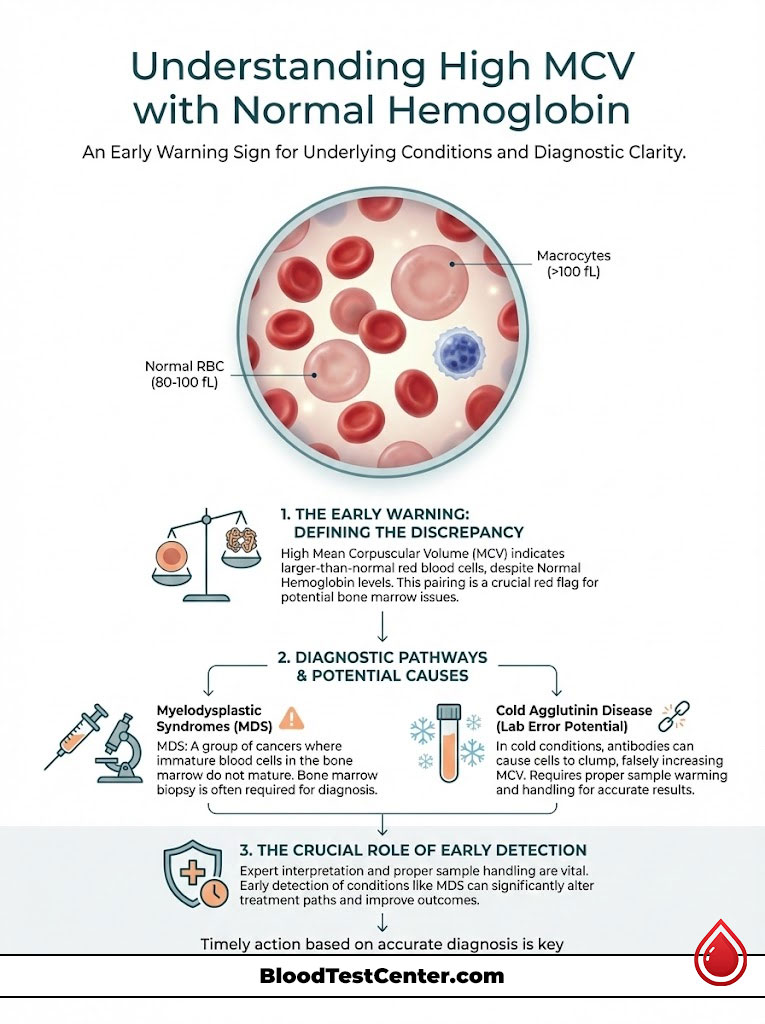 Infographic explaining high MCV with normal hemoglobin, featuring red blood cells and diagnostic pathways.