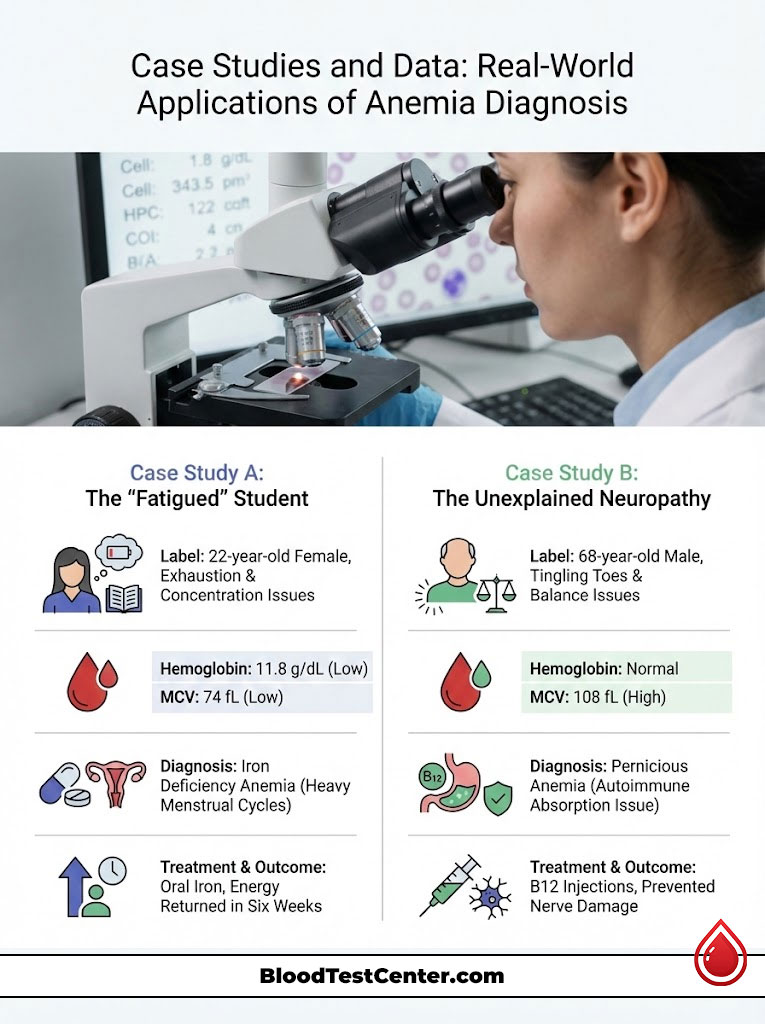 Infographic showing two case studies on anemia diagnosis with charts, labels, and treatment outcomes.