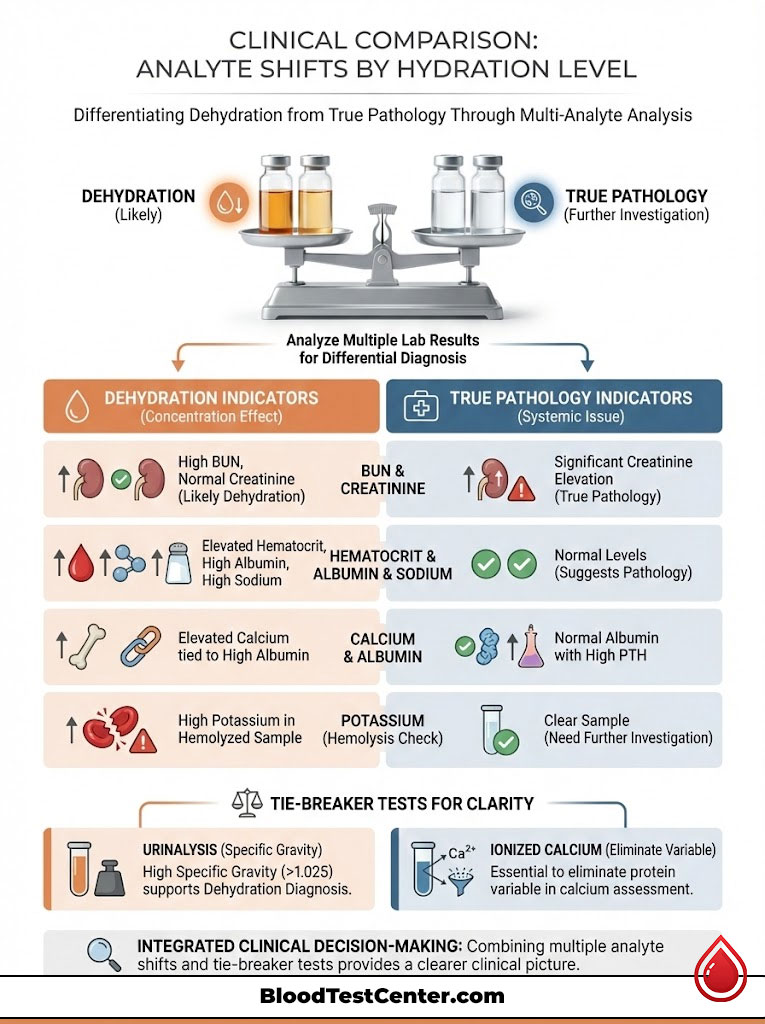 Infographic comparing dehydration and true pathology indicators with charts and test results for clinical analysis.