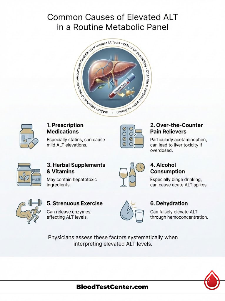 Infographic showing common causes of elevated ALT levels, including medications, exercise, and dehydration.