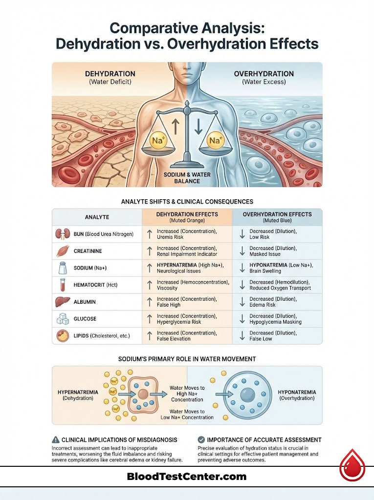Infographic comparing dehydration and overhydration effects with charts and clinical consequences.
