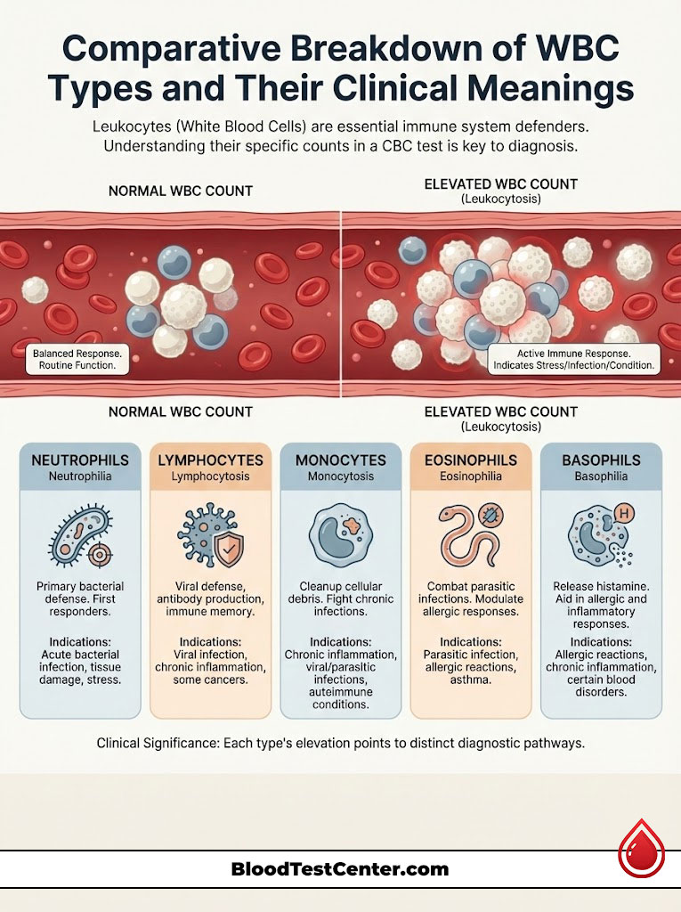 Infographic comparing WBC types, showing normal and elevated counts with clinical meanings and illustrations of cells.