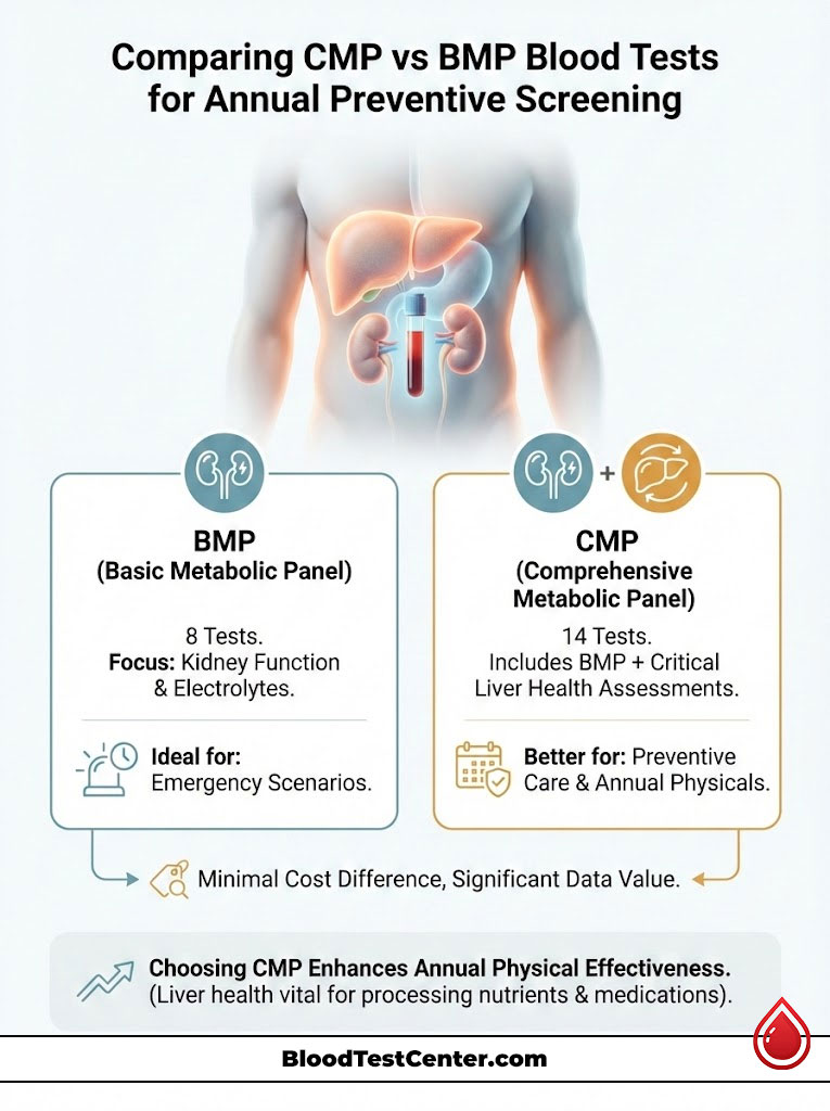 Comparing CMP and BMP blood tests for annual preventive screening, highlighting key differences and benefits.
