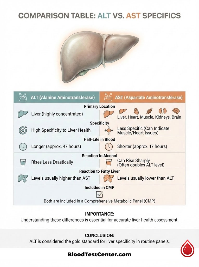 Comparison table showing ALT vs. AST specifics with liver illustration, data points, and key differences. Infographic.
