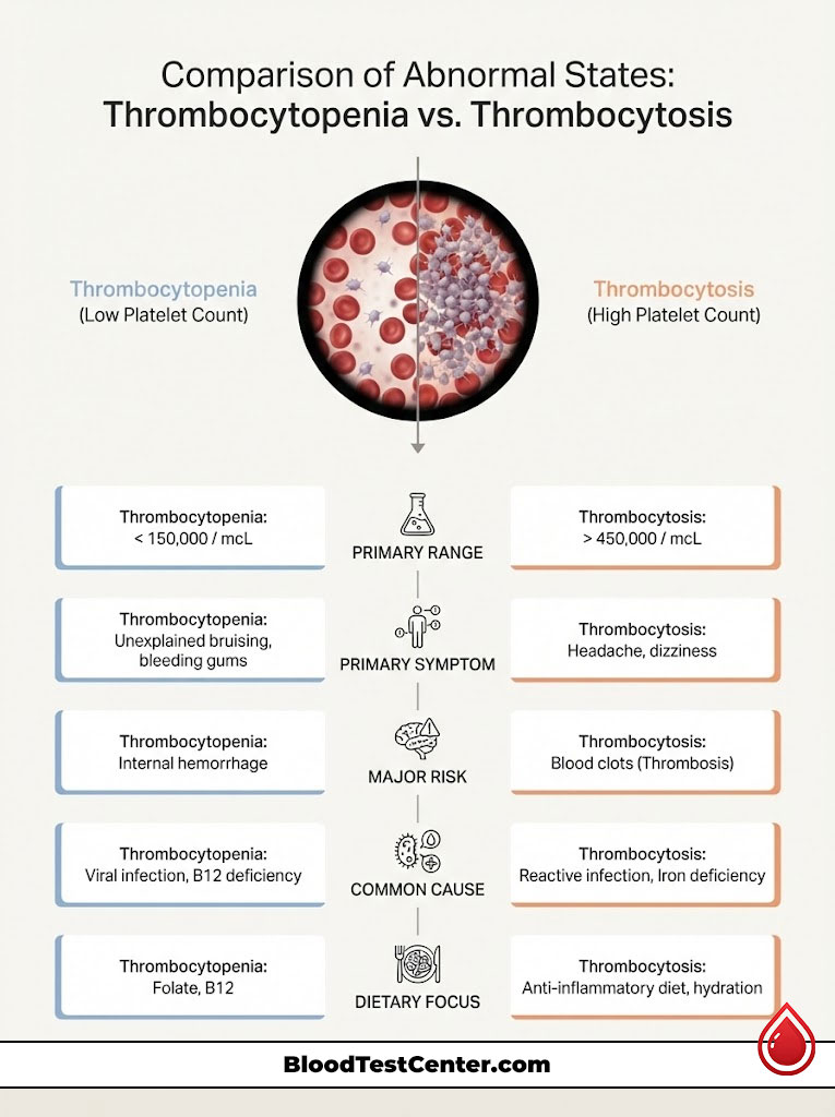 Infographic comparing Thrombocytopenia and Thrombocytosis with symptoms, risks, and dietary focus.