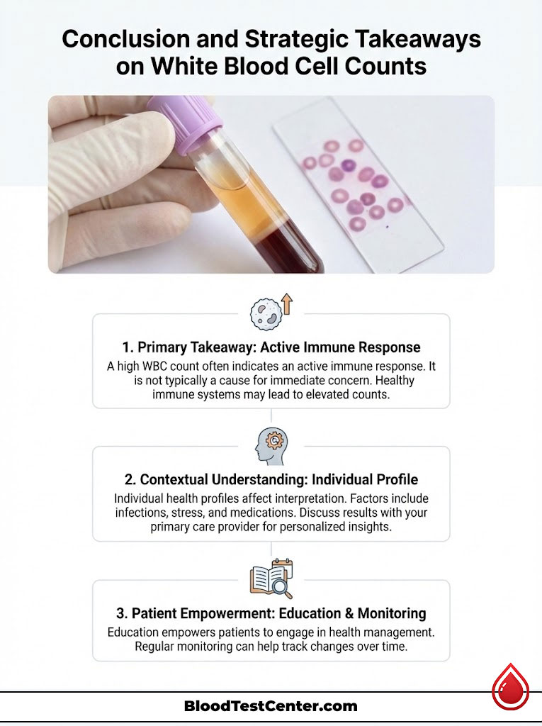 Infographic showing conclusions on white blood cell counts with a blood sample and key takeaways on health monitoring.