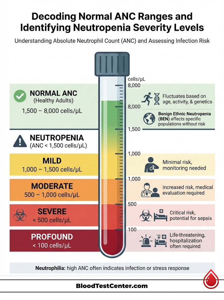 Infographic explaining ANC ranges and neutropenia severity levels with a color-coded blood test tube and icons.
