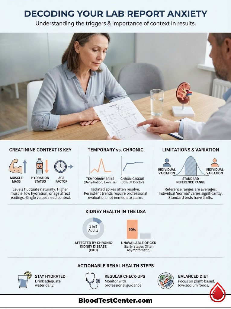 Woman reviews lab report with doctor, discussing kidney health and anxiety related to results. Infographic.