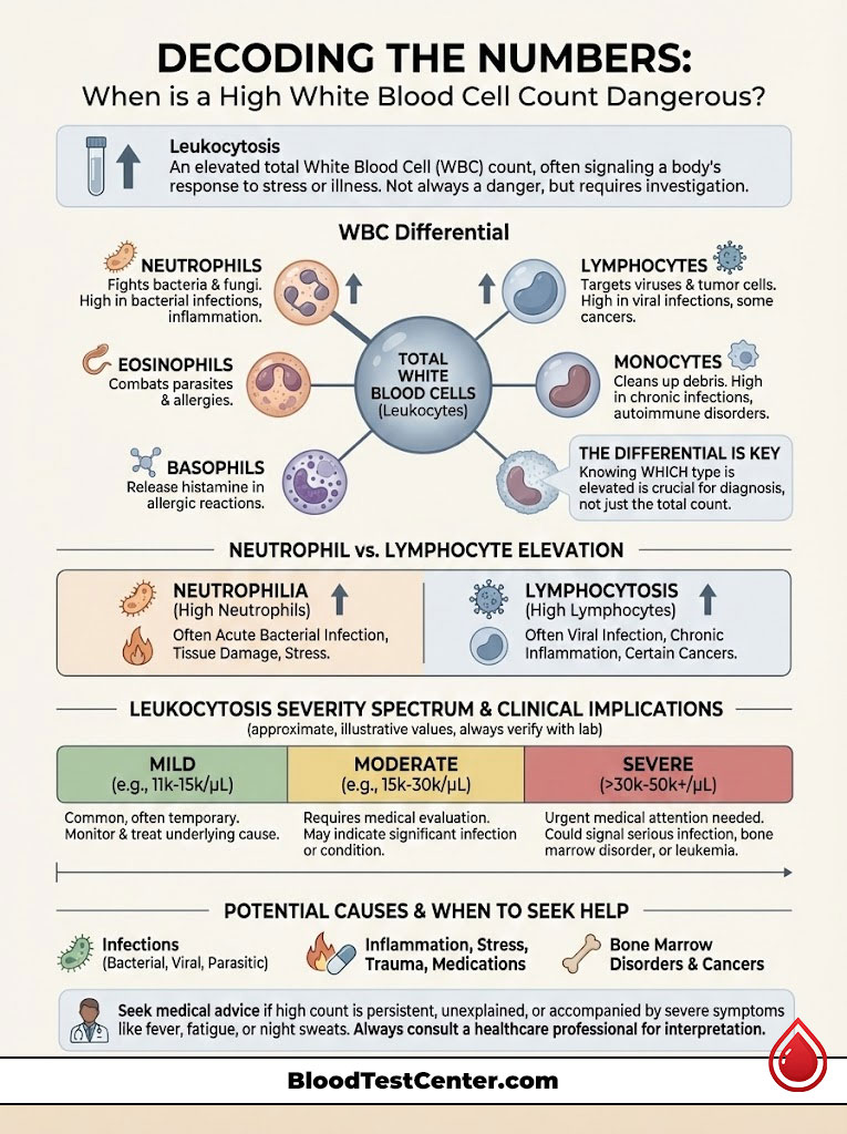 Infographic explaining high white blood cell count, including WBC differential and causes for leukocytosis.