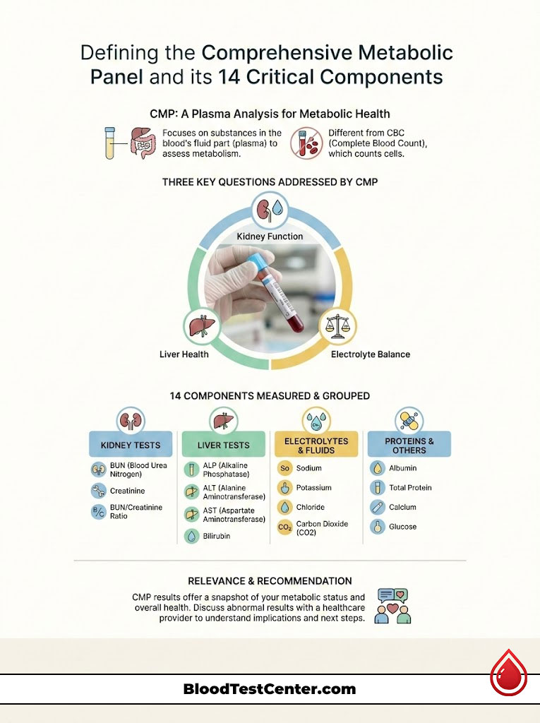 Infographic explaining the Comprehensive Metabolic Panel, detailing kidney, liver, and electrolyte tests with visuals.