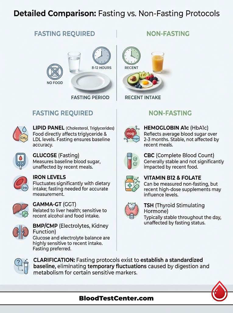 Comparison of fasting and non-fasting protocols for blood tests, detailing required fasting times and specific tests.