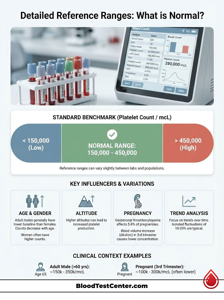 Infographic showing blood count reference ranges, including platelet count benchmarks and influencing factors.