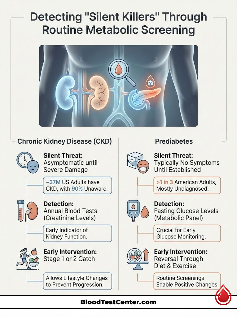 Infographic showing detection of chronic kidney disease and prediabetes through metabolic screening, with statistics and icons.