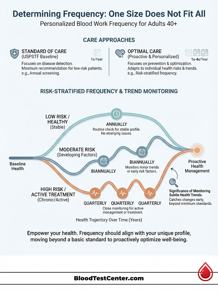 Infographic showing personalized blood work frequency for adults 40+, detailing care approaches and risk stratification.