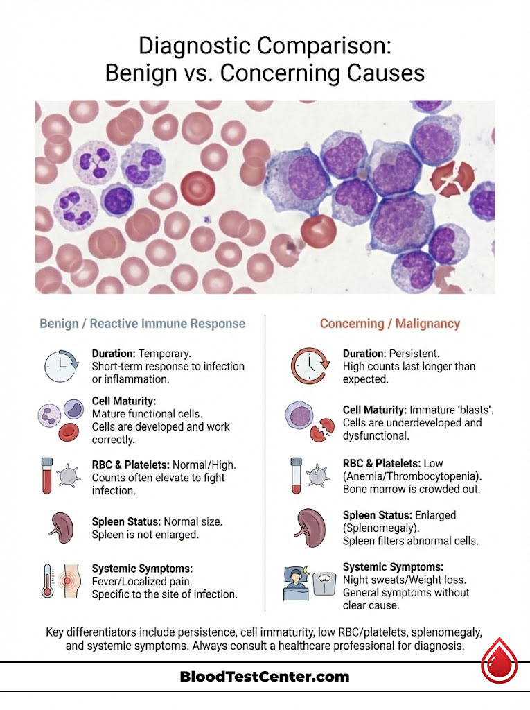 Infographic comparing benign and concerning causes of blood test results with icons and text descriptions.