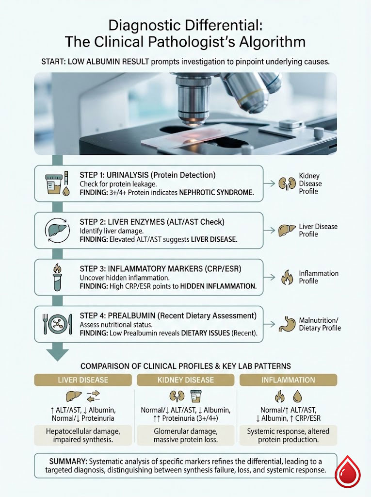 Infographic detailing the clinical pathologist's algorithm for diagnosing low albumin results with steps and findings.