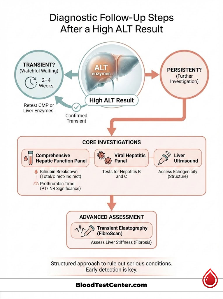 Infographic detailing follow-up steps after a high ALT result, including tests and assessments for liver health.