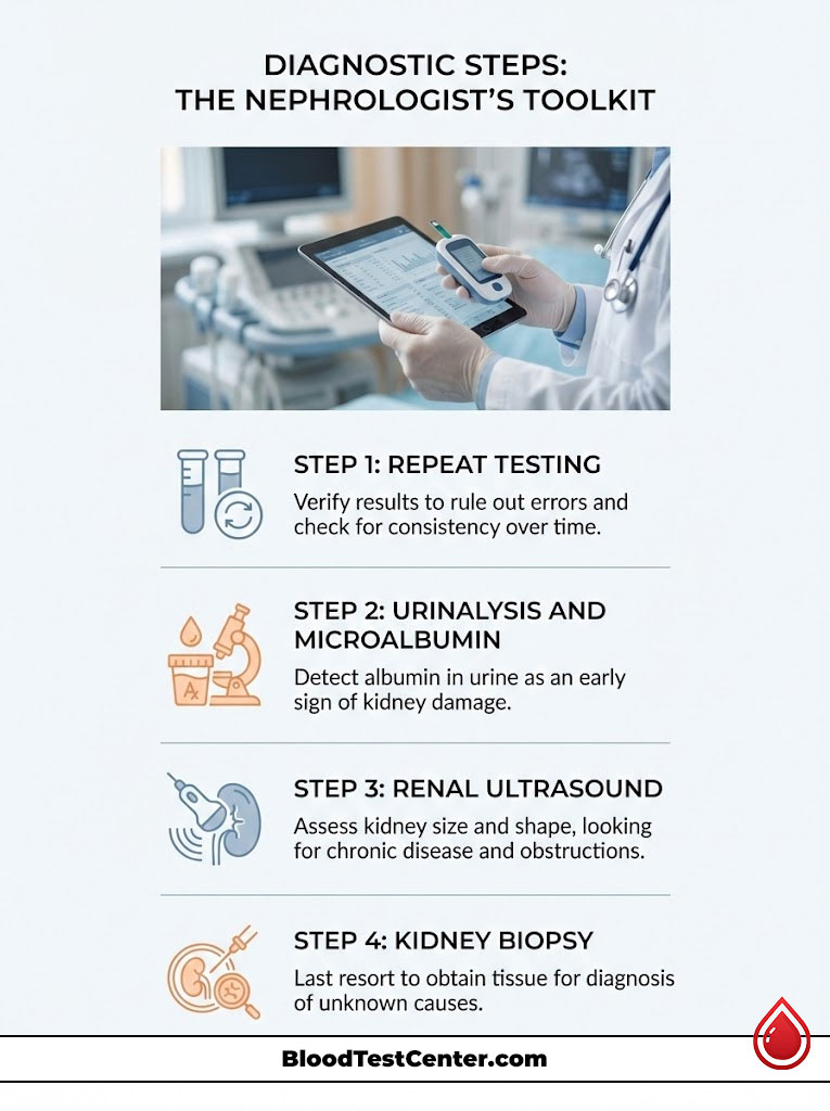 Infographic detailing nephrologist's diagnostic steps including repeat testing, urinalysis, ultrasound, and biopsy.