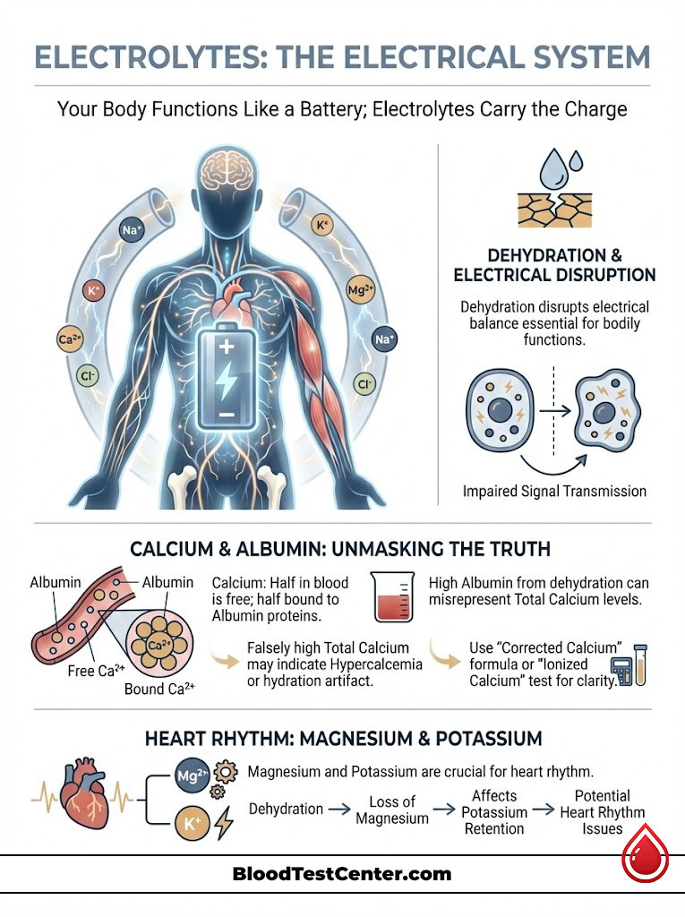 Infographic illustrating electrolytes' role in the body, featuring charts on dehydration, calcium, and heart rhythm.