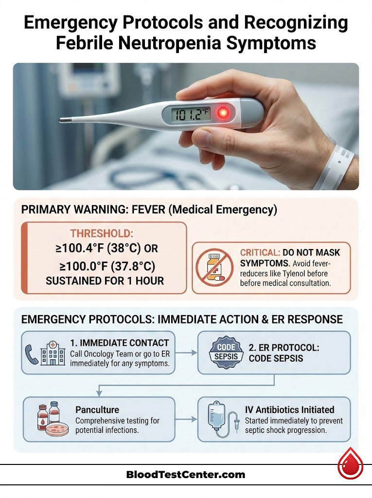 Infographic detailing emergency protocols for febrile neutropenia symptoms with thermometer reading 101.2°F.