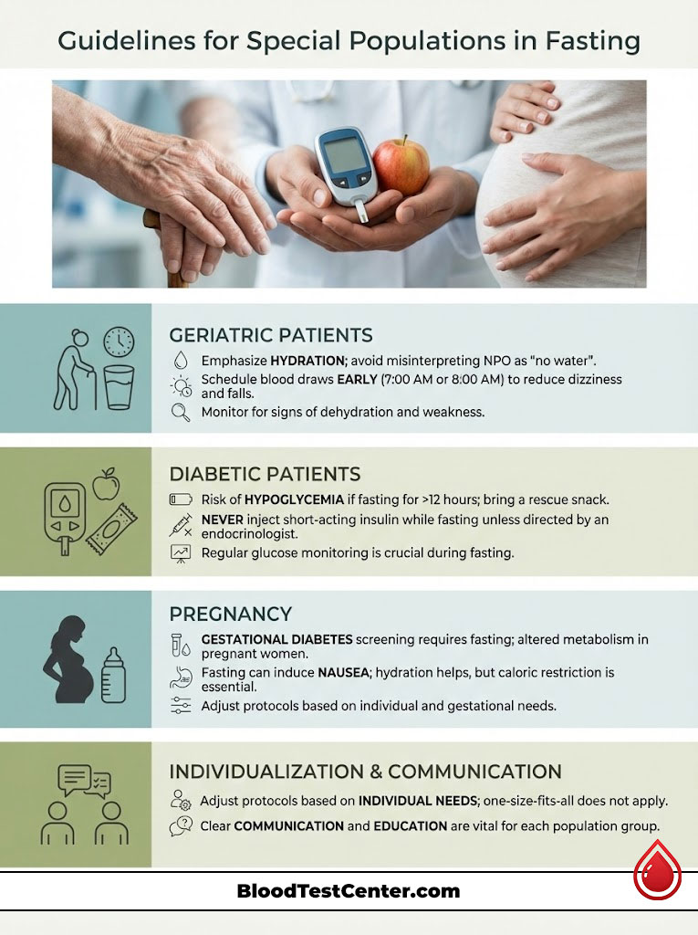 Guidelines for fasting for special populations including geriatric, diabetic, and pregnant patients with icons.