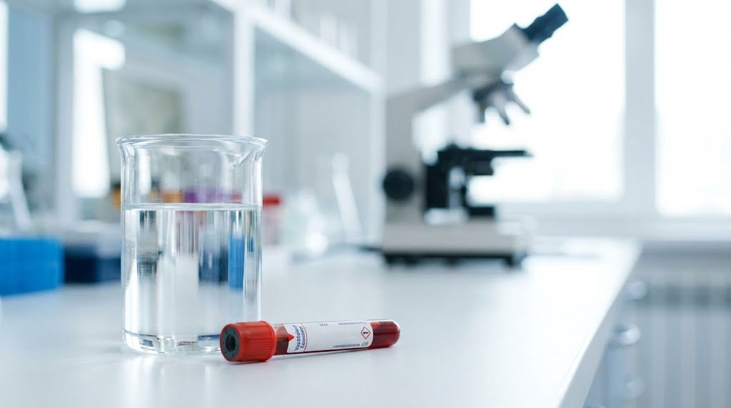 A glass beaker with water and a blood sample tube on a lab table with a microscope in the background.