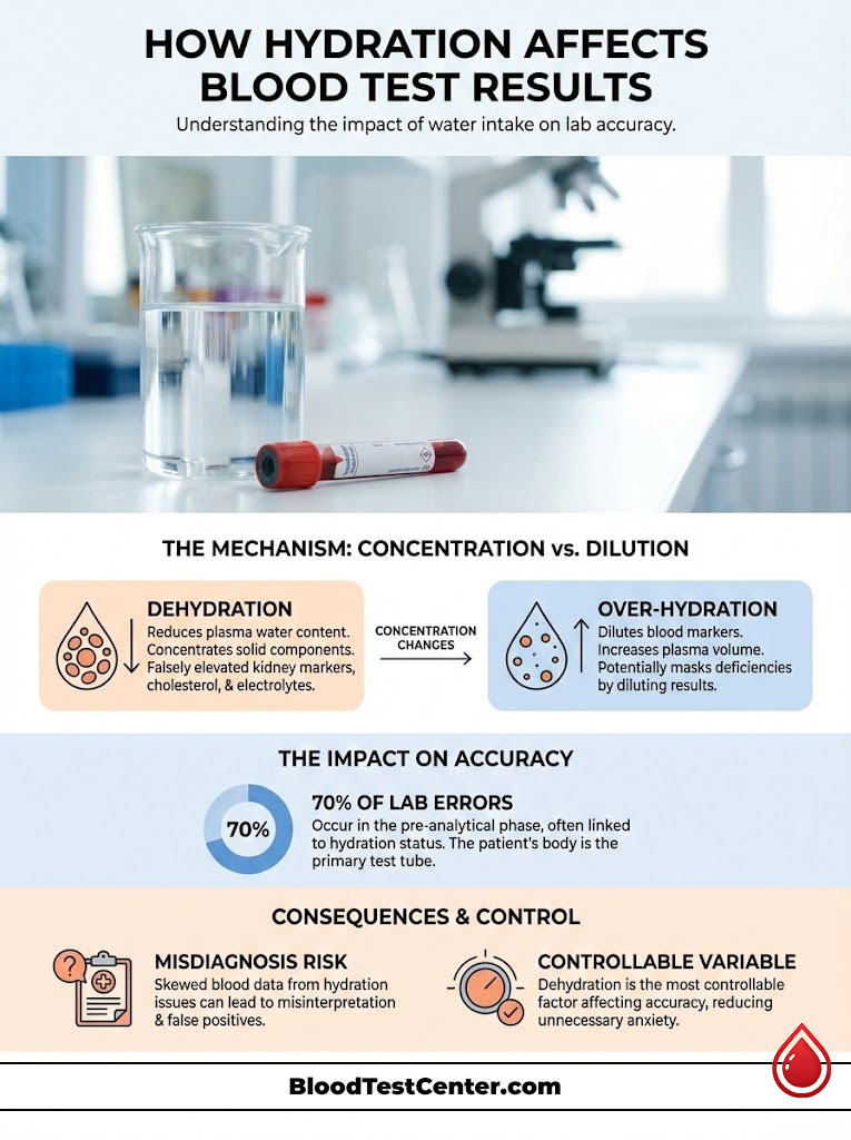 Infographic showing how hydration affects blood test results, including dehydration and over-hydration effects.