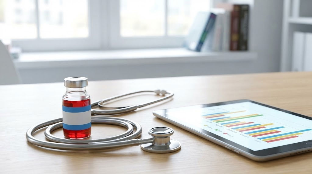 A glass vial with red liquid and blue stripes sits next to a stethoscope and tablet displaying bar graphs.