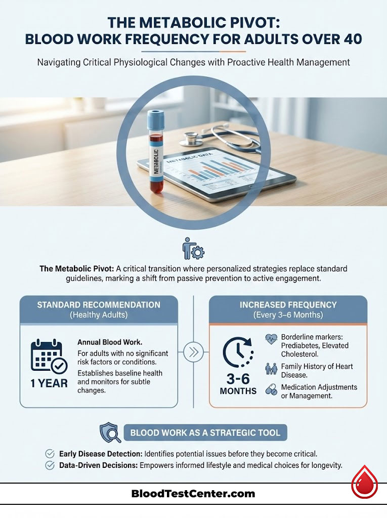 Infographic on blood work frequency for adults over 40, showing recommendations and health strategies.