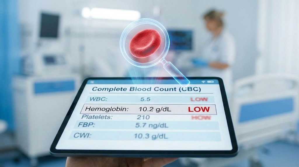 A tablet displays a blood test report with low hemoglobin and a red blood cell illustration in a medical setting.