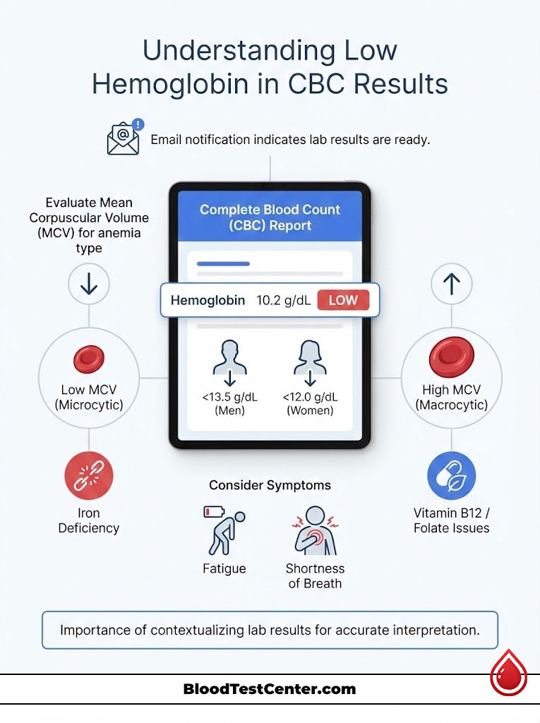 Infographic explaining low hemoglobin in CBC results with charts and symptoms like fatigue and shortness of breath.