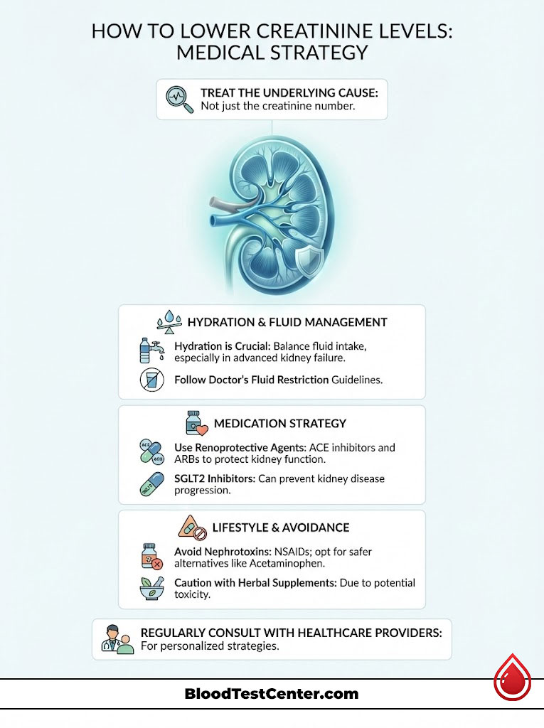 Infographic on lowering creatinine levels with kidney illustration, hydration tips, medication strategies, and lifestyle advice.