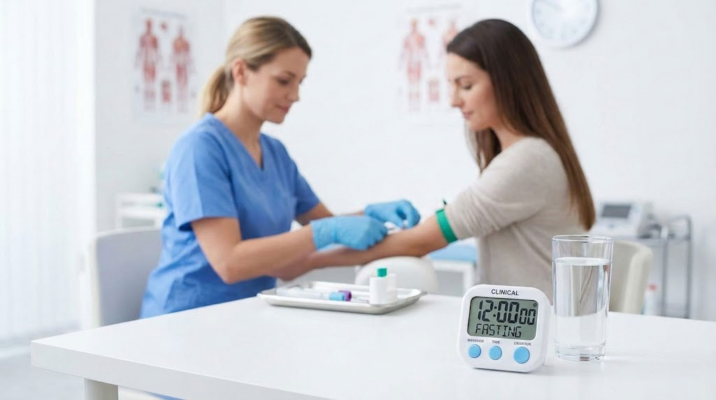 A nurse in blue scrubs prepares to draw blood from a patient in a clinical setting.