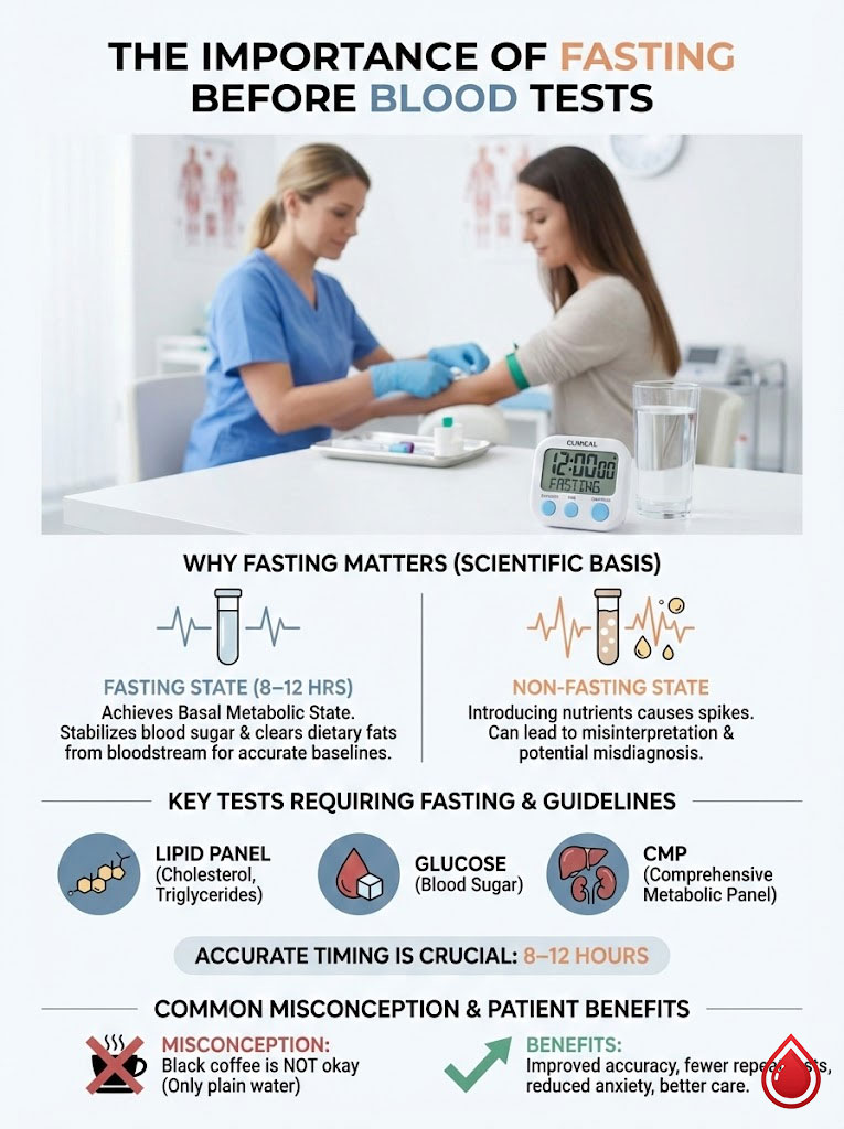 Infographic explaining the importance of fasting before blood tests, including key guidelines and misconceptions.