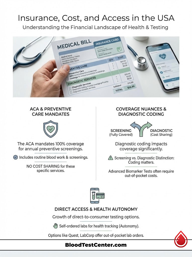Infographic showing medical bill details, ACA mandates, and direct access to health testing services.