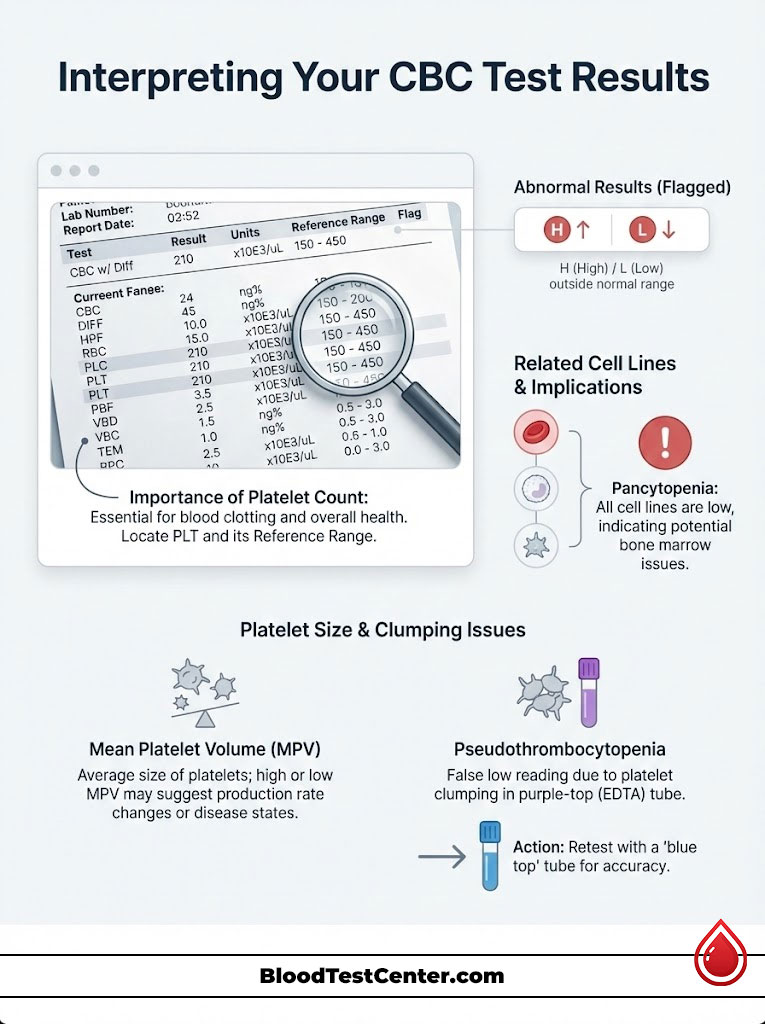Infographic explaining CBC test results with charts, data, and implications for platelet count and size.