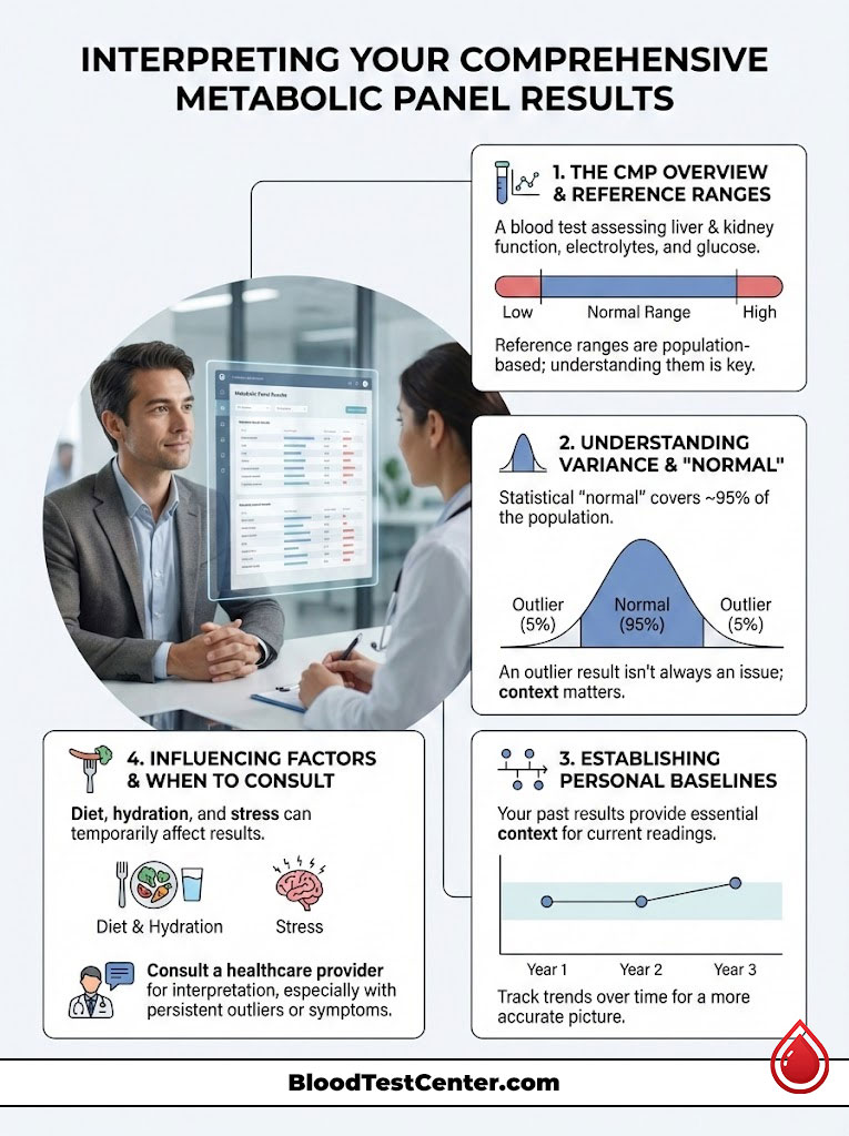 Infographic explaining metabolic panel results with charts, icons, and key information on health factors and consultation.