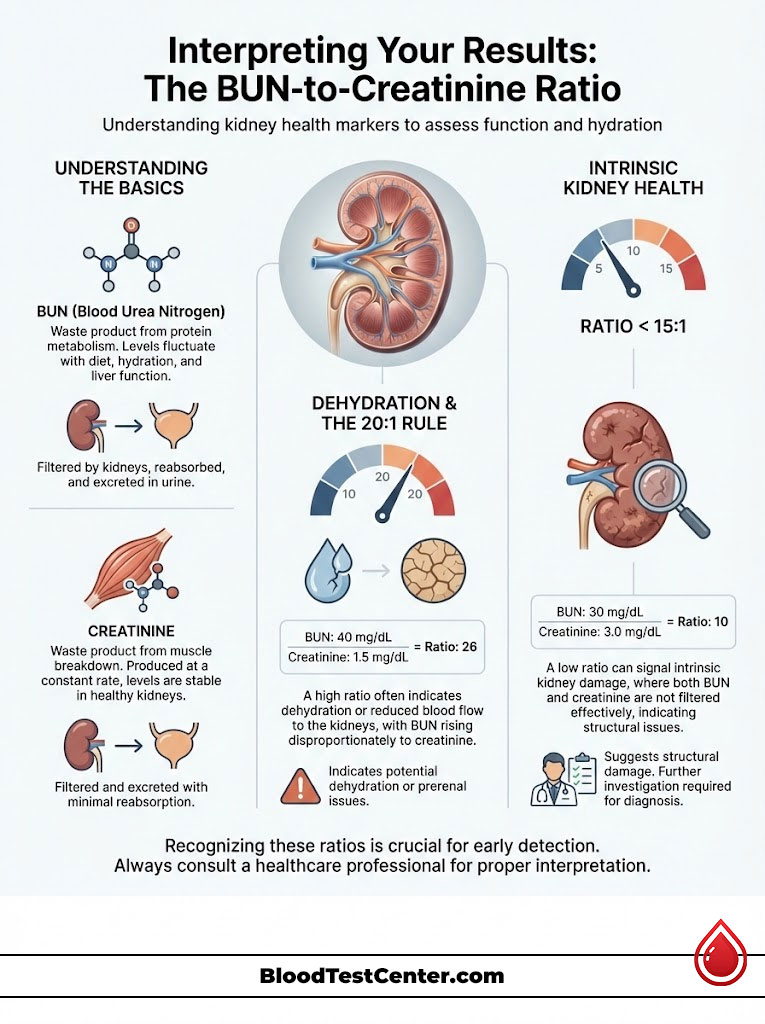 Infographic explaining BUN-to-Creatinine ratio for kidney health with charts and illustrations of kidneys and hydration.