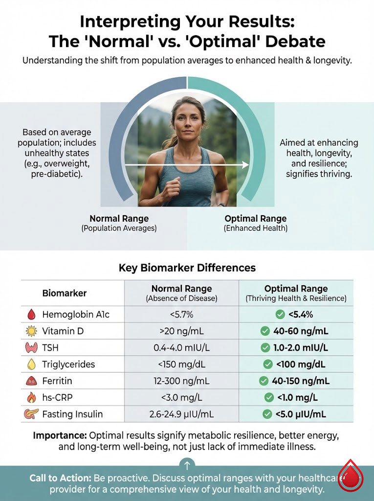 Infographic comparing normal vs. optimal health ranges for key biomarkers with illustrations and data points.