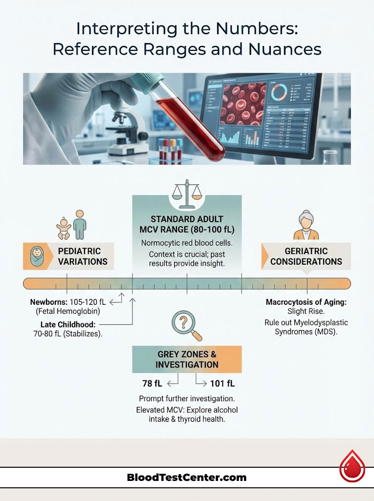 Infographic showing reference ranges for MCV in blood tests, highlighting pediatric variations and geriatric considerations.