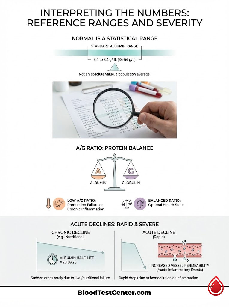 Infographic explaining albumin reference ranges, A/G ratio, and acute decline effects on health.