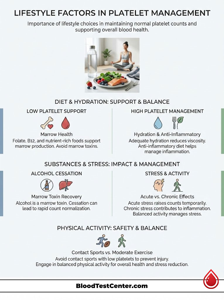 Infographic on lifestyle factors in platelet management, showing diet, hydration, stress, and physical activity tips.